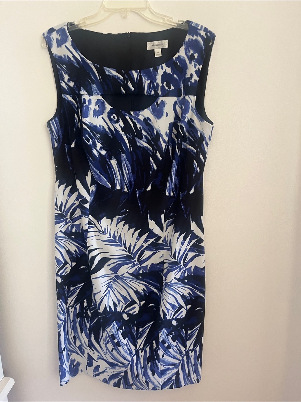 Dressbarn 16 Blue and White Tropical Print Sheath Dress with Cut Out at Neckline